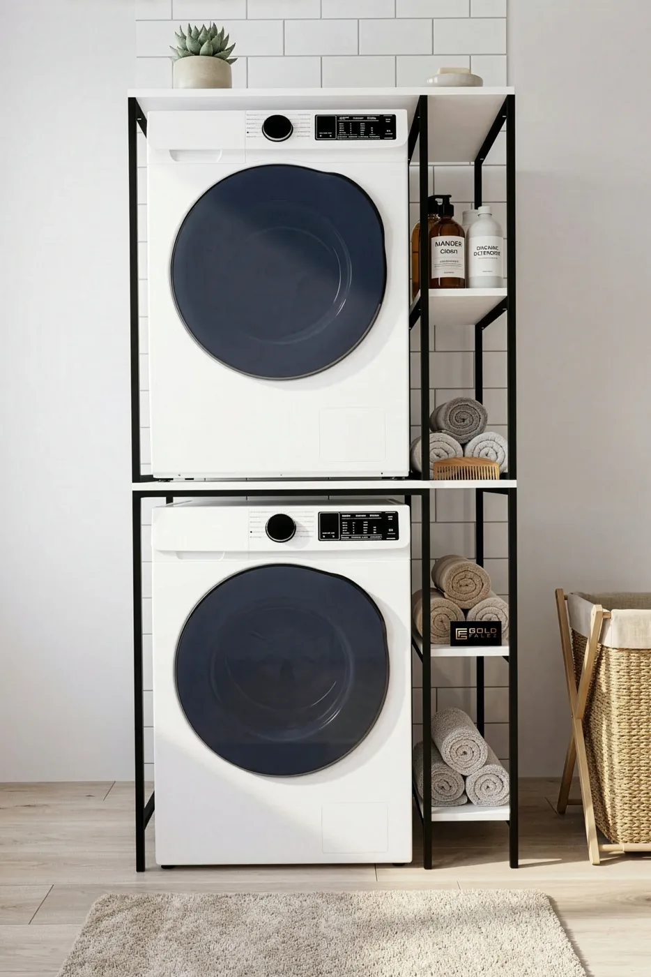 Washing Machine Cabinet with Shelf Metal Legs - Black