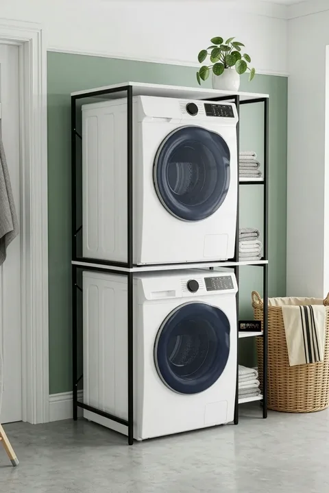 Washing Machine Cabinet with Shelf Metal Legs - Black
