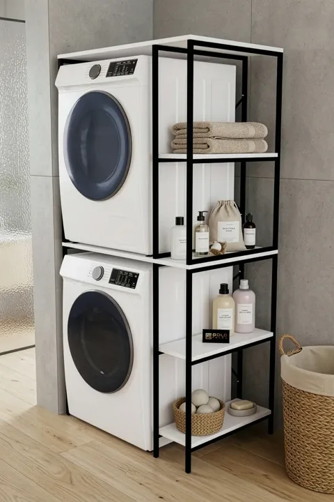 Washing Machine Cabinet with Shelf Metal Legs - Black