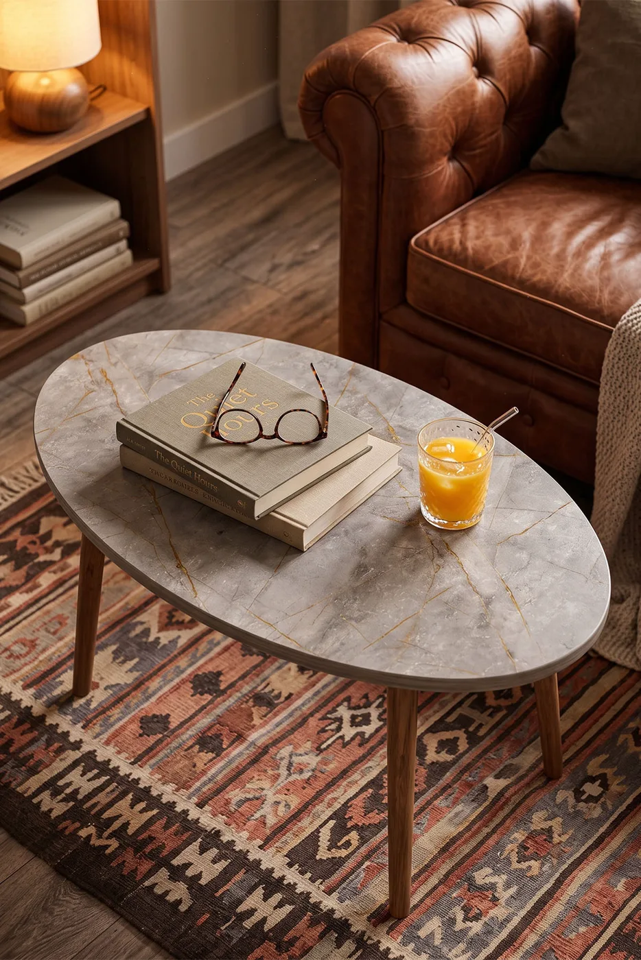 Ovale salontafel met gedraaide houten poten - veelkleurig
