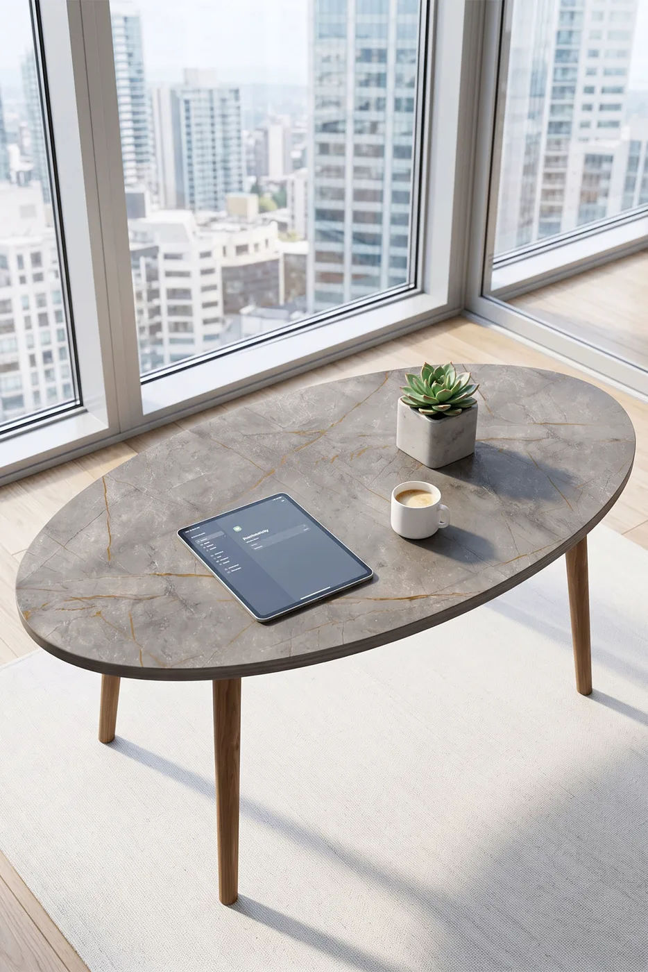 Ovale salontafel met gedraaide houten poten - veelkleurig