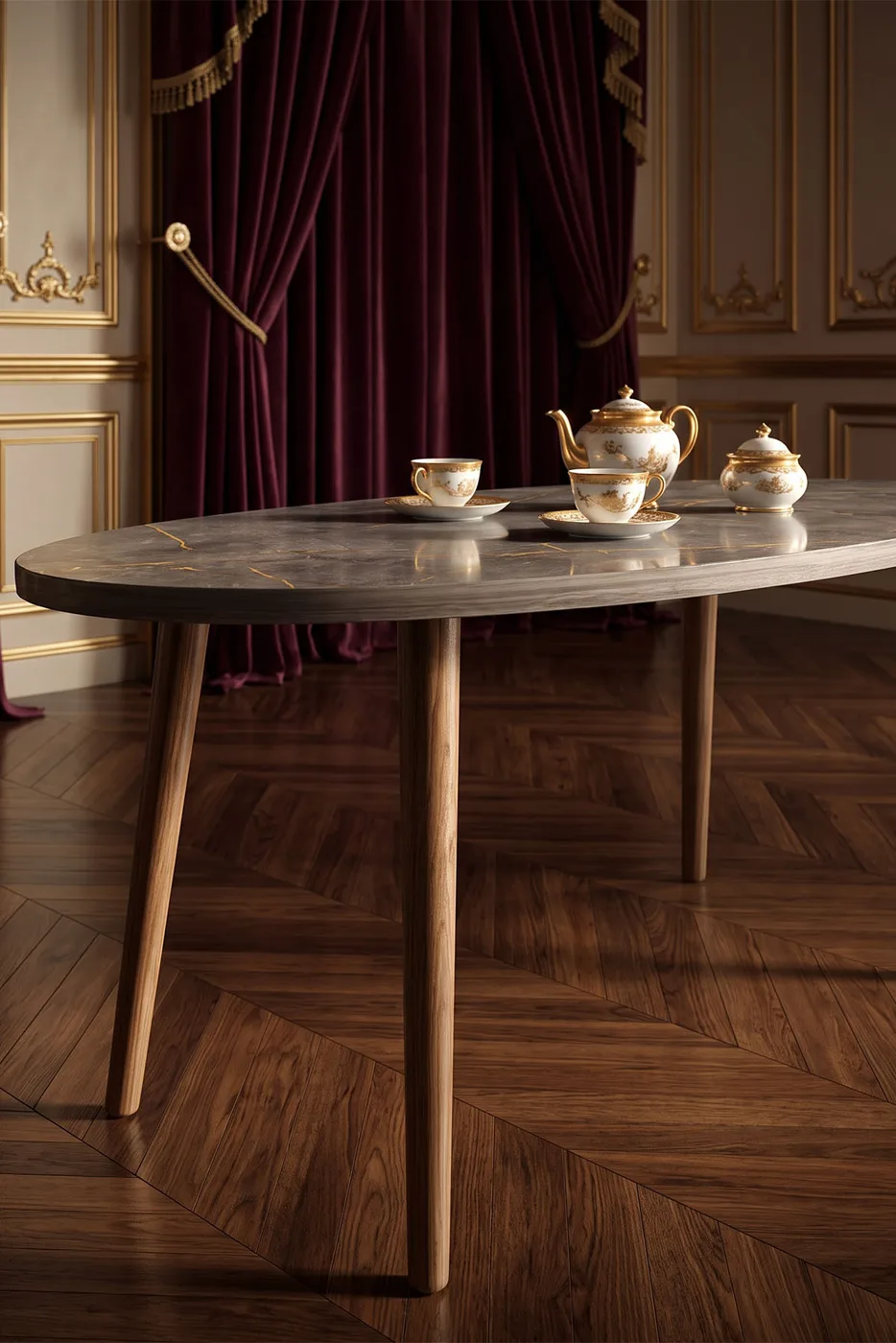 Ovale salontafel met gedraaide houten poten - veelkleurig