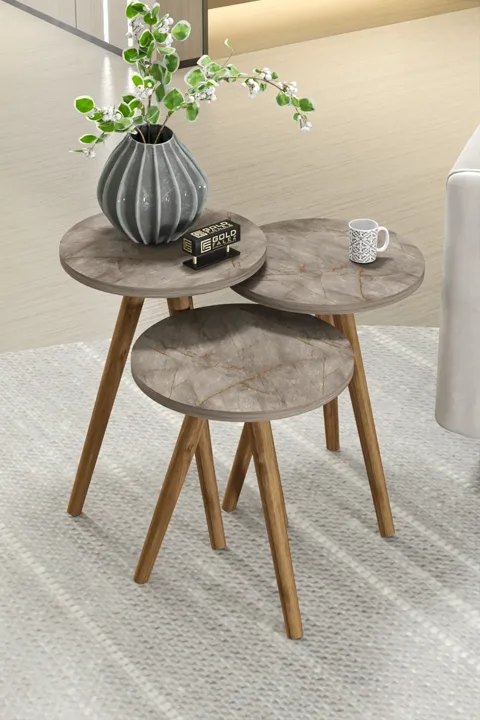 3-Piece Round Nesting Table Set Turned Wooden Legs - Multicolour