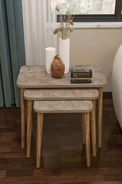 3-Piece Rectangular Nesting Table Set Turned Wooden Legs - Multicolour