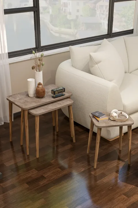 3-Piece Rectangular Nesting Table Set Turned Wooden Legs - Multicolour