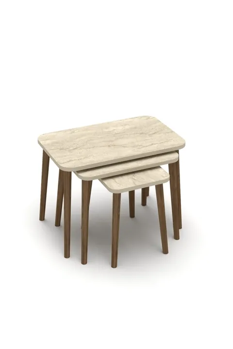 3-Piece Rectangular Nesting Table Set Turned Wooden Legs - Beige