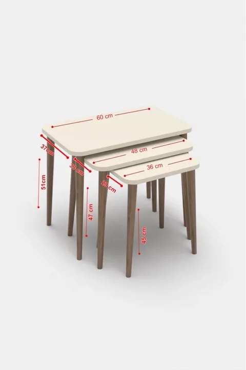 3-Piece Rectangular Nesting Table Set Turned Wooden Legs - Beige