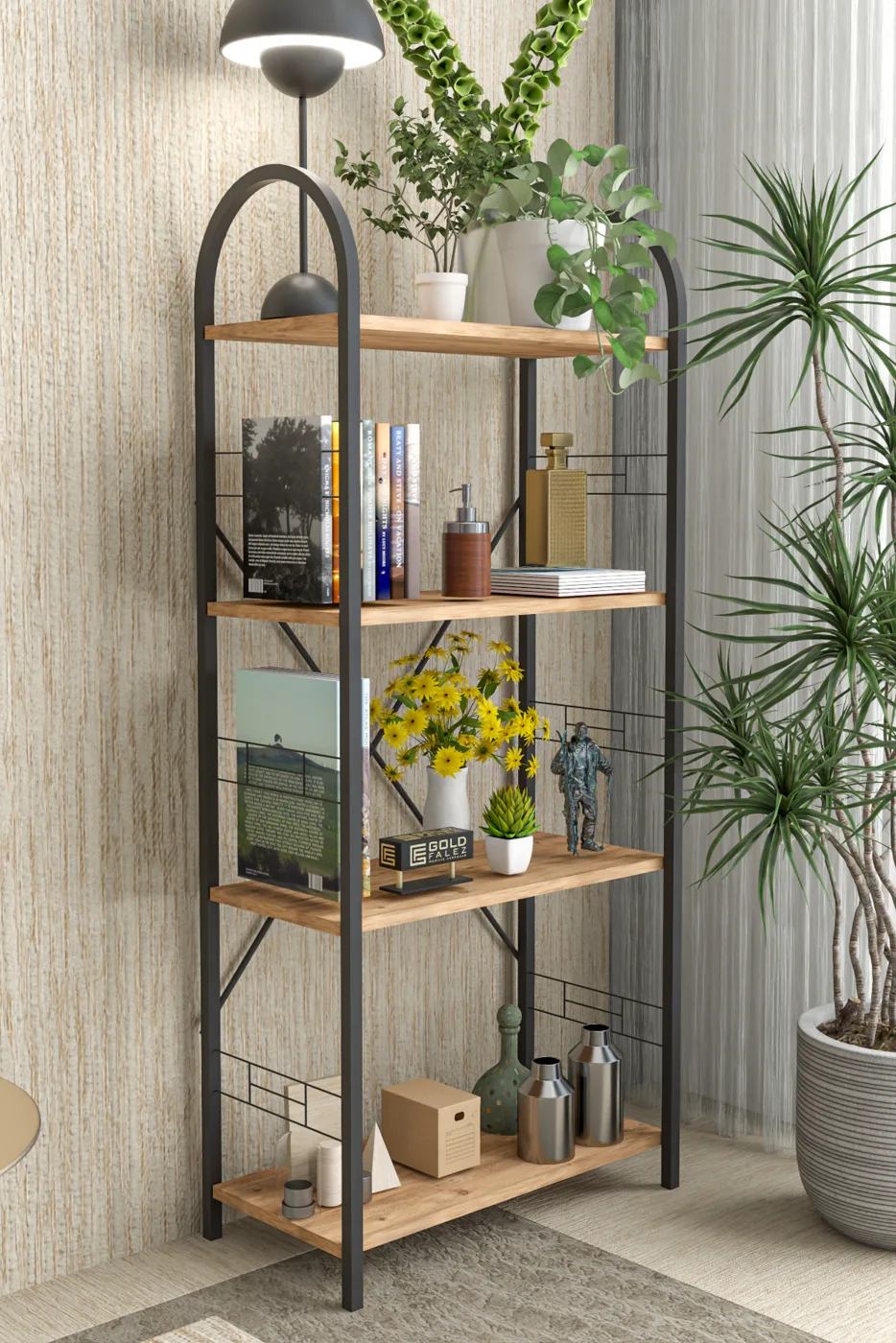 Bohemian 4-Shelf Metal Bookcase - Brown