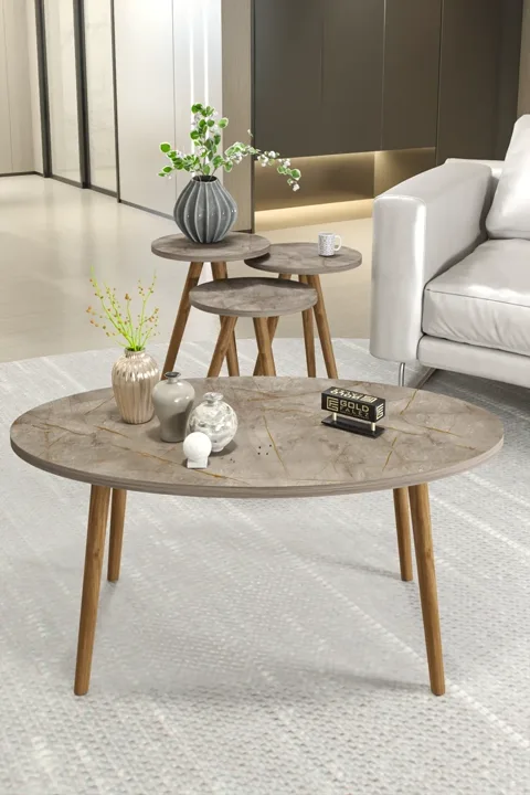 Turned Wooden Leg Oval Coffee & Nesting Table Set - Metallic