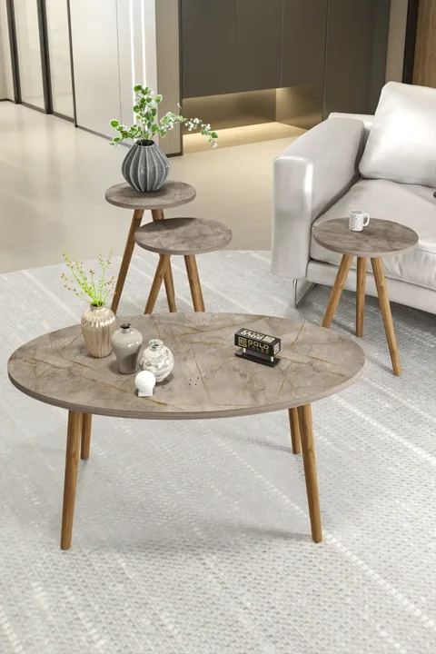 Turned Wooden Leg Oval Coffee & Nesting Table Set - Metallic