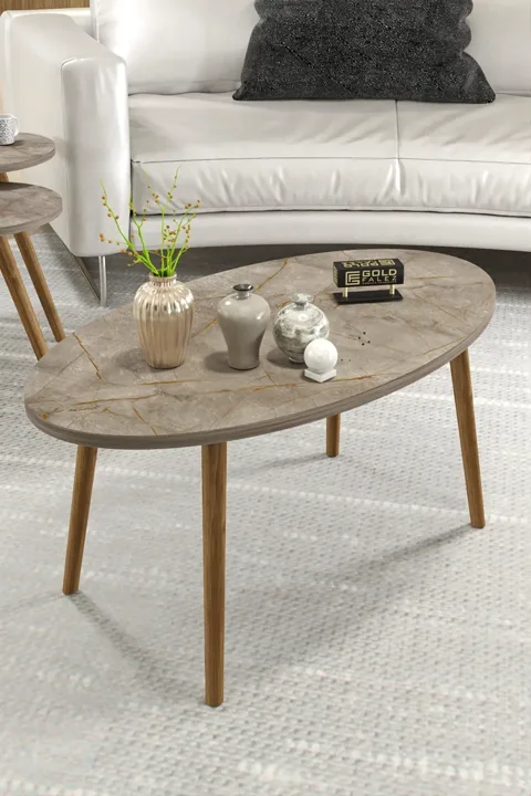 Turned Wooden Leg Oval Coffee & Nesting Table Set - Metallic