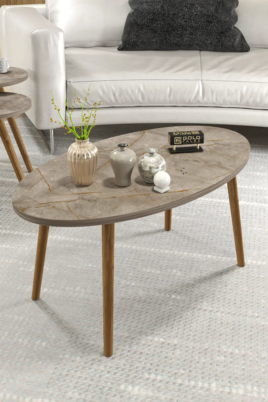 Turned Wooden Leg Oval Coffee & Nesting Table Set - Metallic
