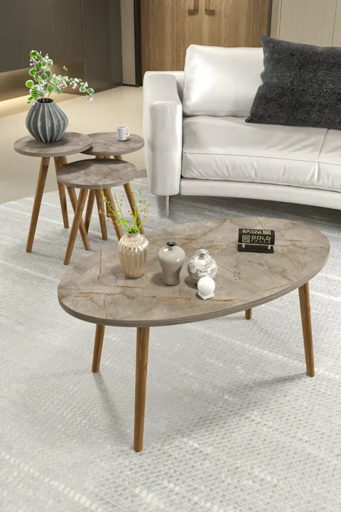 Turned Wooden Leg Oval Coffee & Nesting Table Set - Metallic