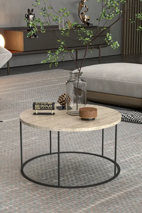 Terra Round Coffee Table Black Metal Legs - Beige