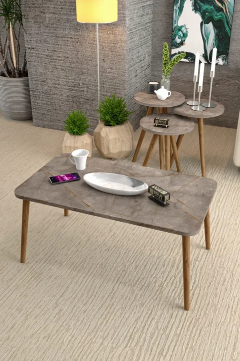 Square Coffee & Nesting Table Set Turned Wooden Legs - Multicolour