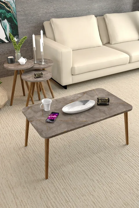 Square Coffee & Nesting Table Set Turned Wooden Legs - Multicolour