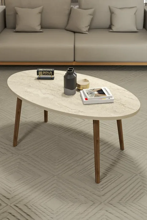 Ovaler Couchtisch mit gedrechselten Holzbeinen - Ekru