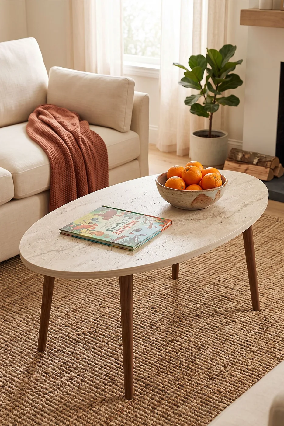 Ovaler Couchtisch mit gedrechselten Holzbeinen - Ekru