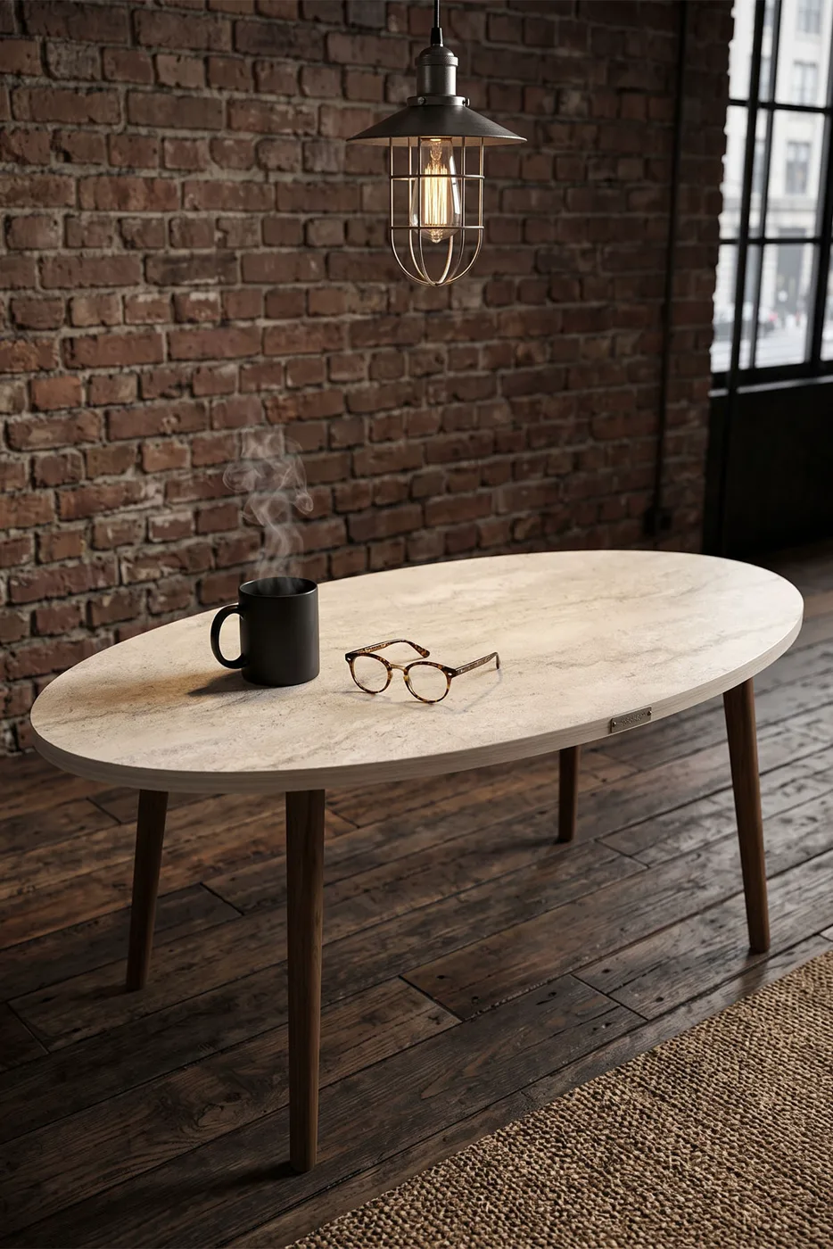 Ovaler Couchtisch mit gedrechselten Holzbeinen - Ekru