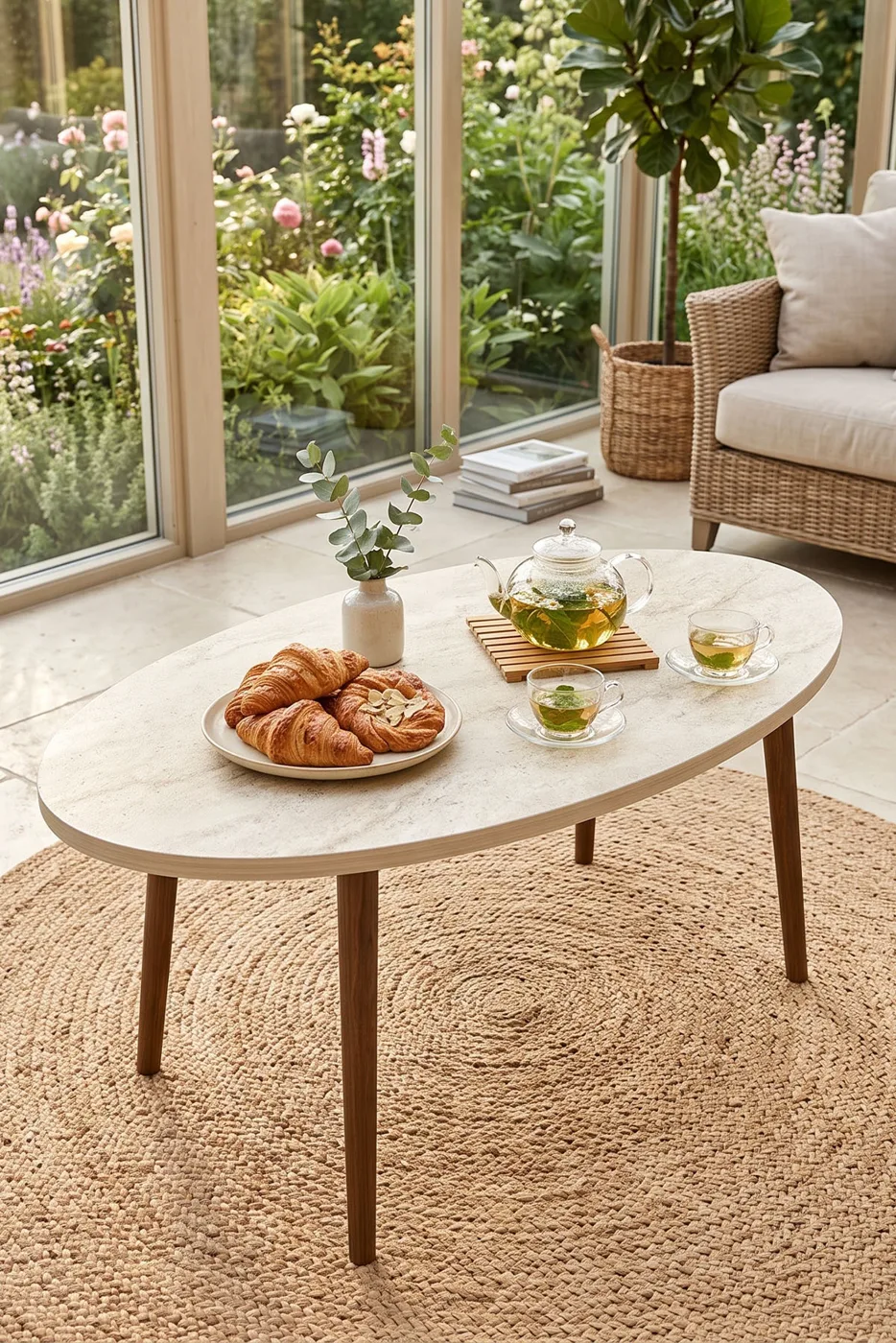 Ovaler Couchtisch mit gedrechselten Holzbeinen - Ekru