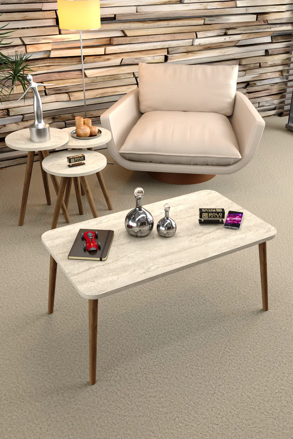 Square Coffee & Nesting Table Set Turned Wooden Legs - Beige