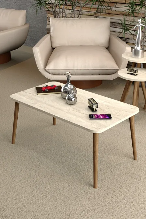 Square Coffee & Nesting Table Set Turned Wooden Legs - Beige