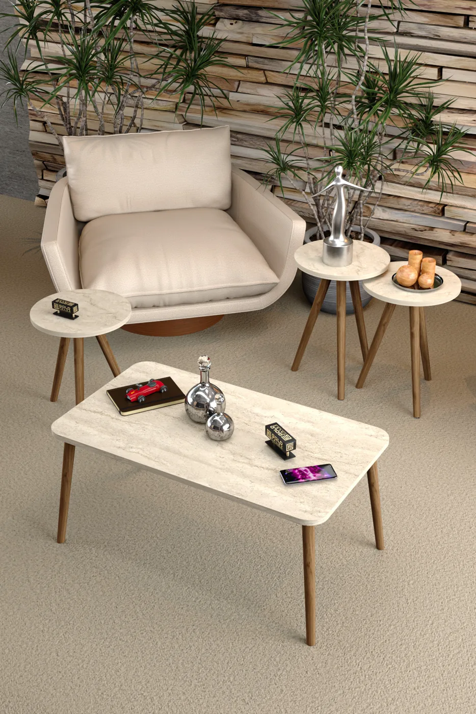 Quadratisches Couch- und Satztisch-Set gedrechselte Holzbeine - Beige