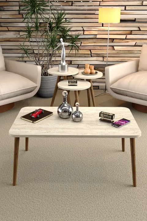 Square Coffee & Nesting Table Set Turned Wooden Legs - Beige
