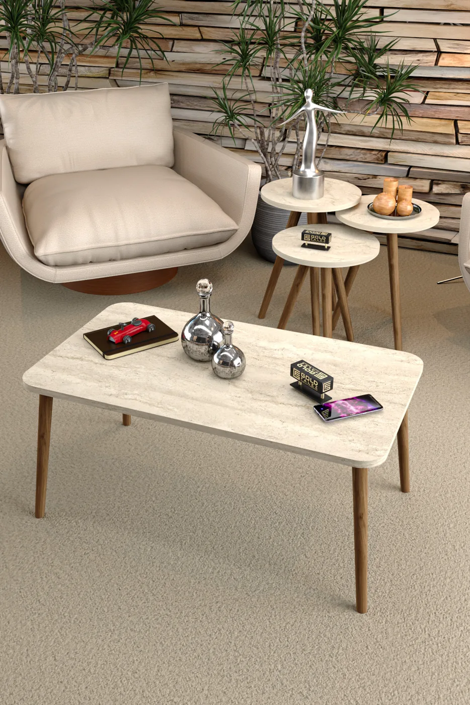 Quadratisches Couch- und Satztisch-Set gedrechselte Holzbeine - Beige