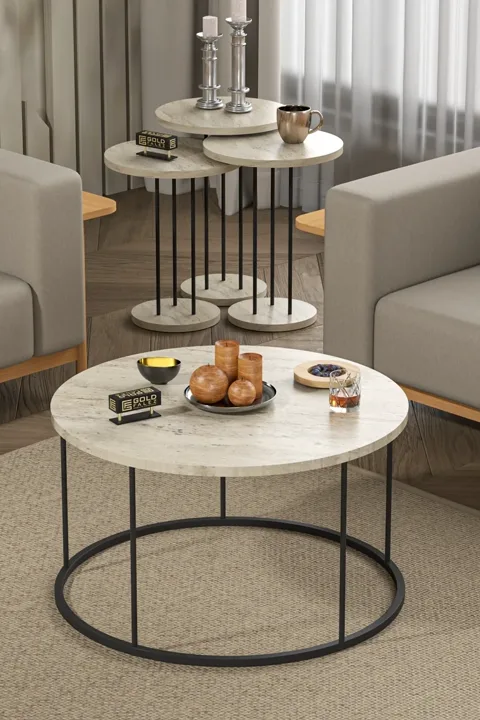 Terra Round Coffee & Nesting Table Set Black Metal Legs - Beige