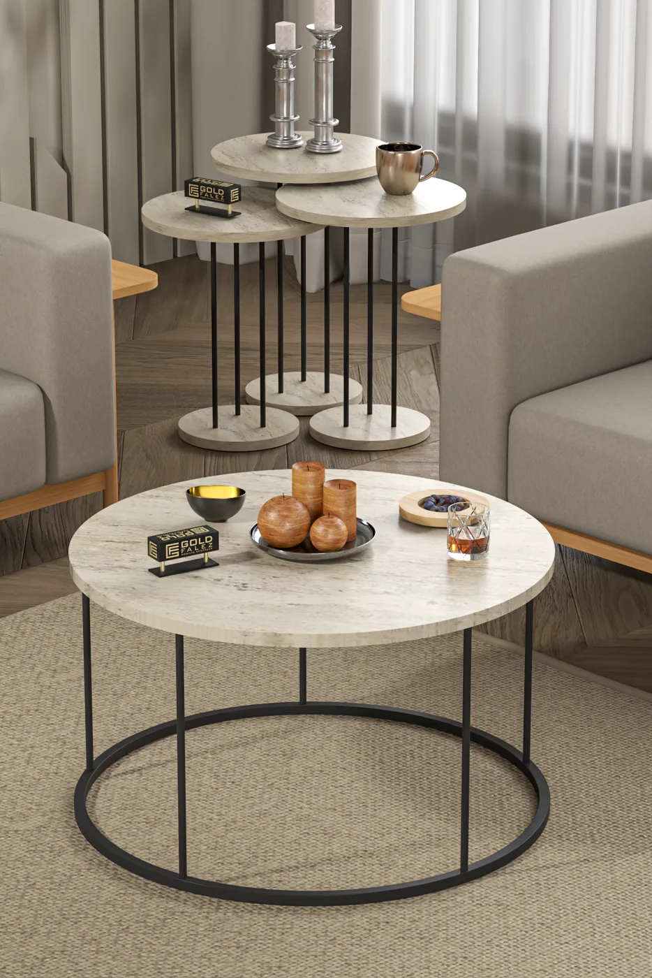 Terra Round Coffee & Nesting Table Set Black Metal Legs - Beige