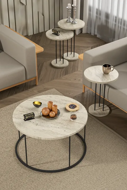 Terra Round Coffee & Nesting Table Set Black Metal Legs - Beige