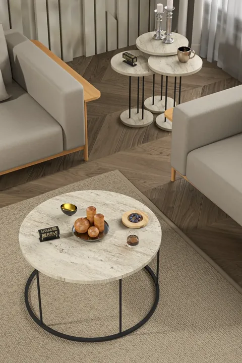 Terra Round Coffee & Nesting Table Set Black Metal Legs - Beige