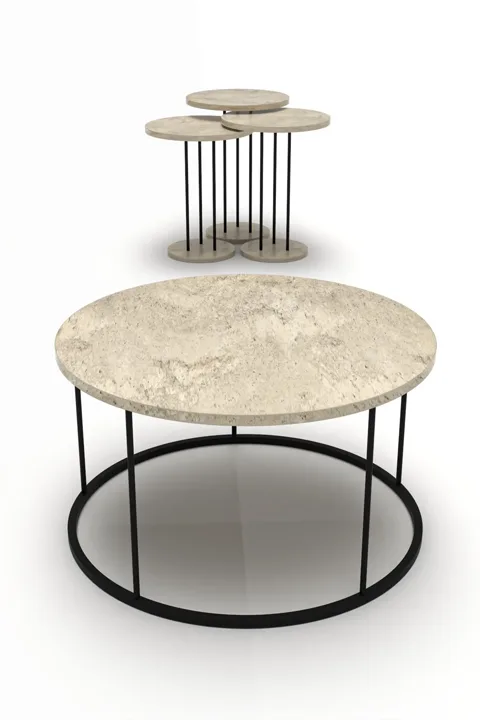 Terra Round Coffee & Nesting Table Set Black Metal Legs - Beige