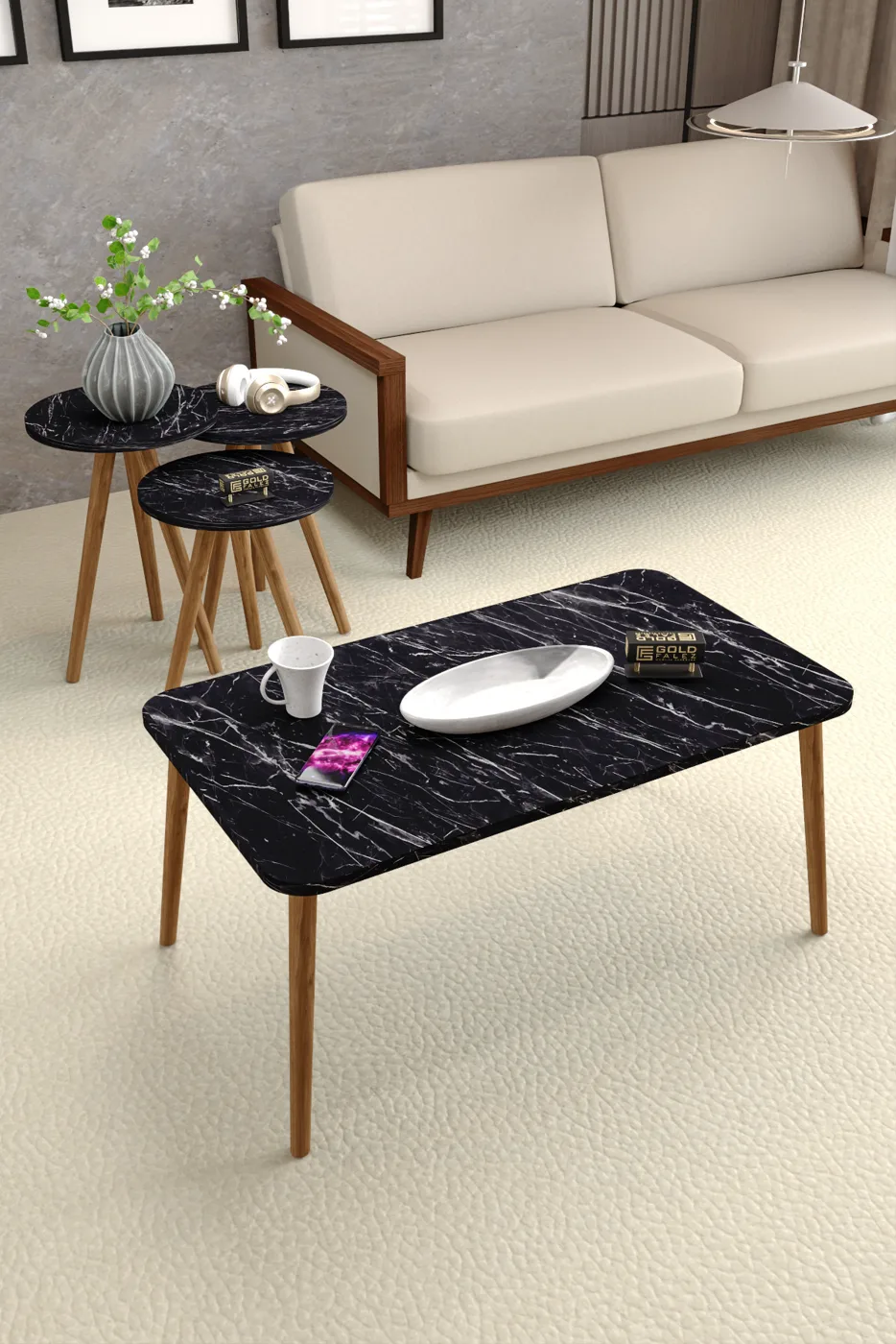 Quadratisches Couch- und Satztisch-Set gedrechselte Holzbeine - Schwarz
