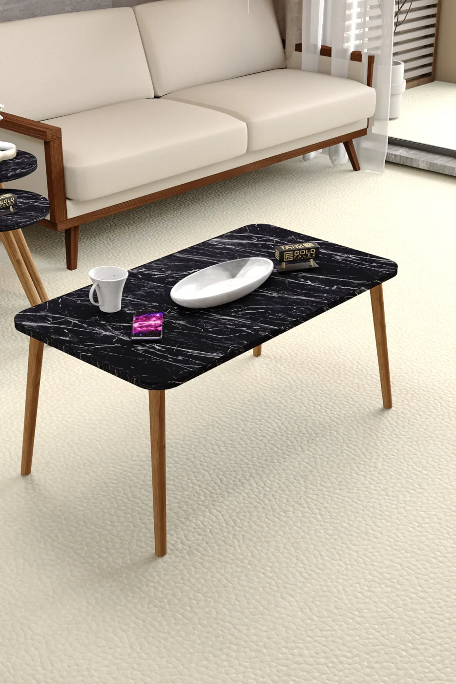 Quadratisches Couch- und Satztisch-Set gedrechselte Holzbeine - Schwarz