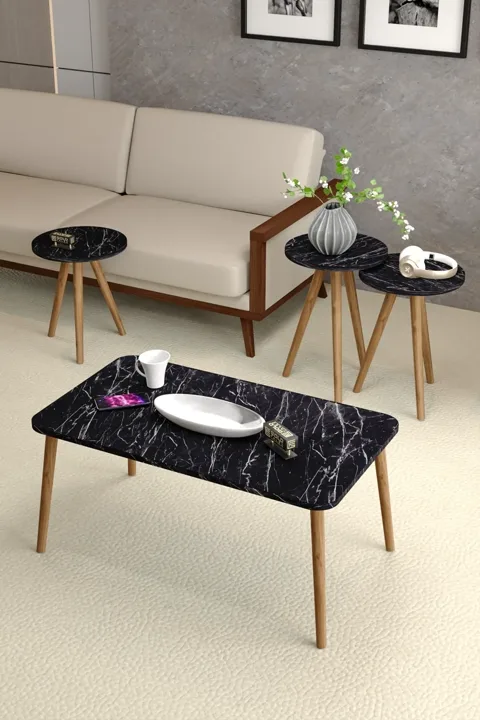 Square Coffee & Nesting Table Set Turned Wooden Legs - Black