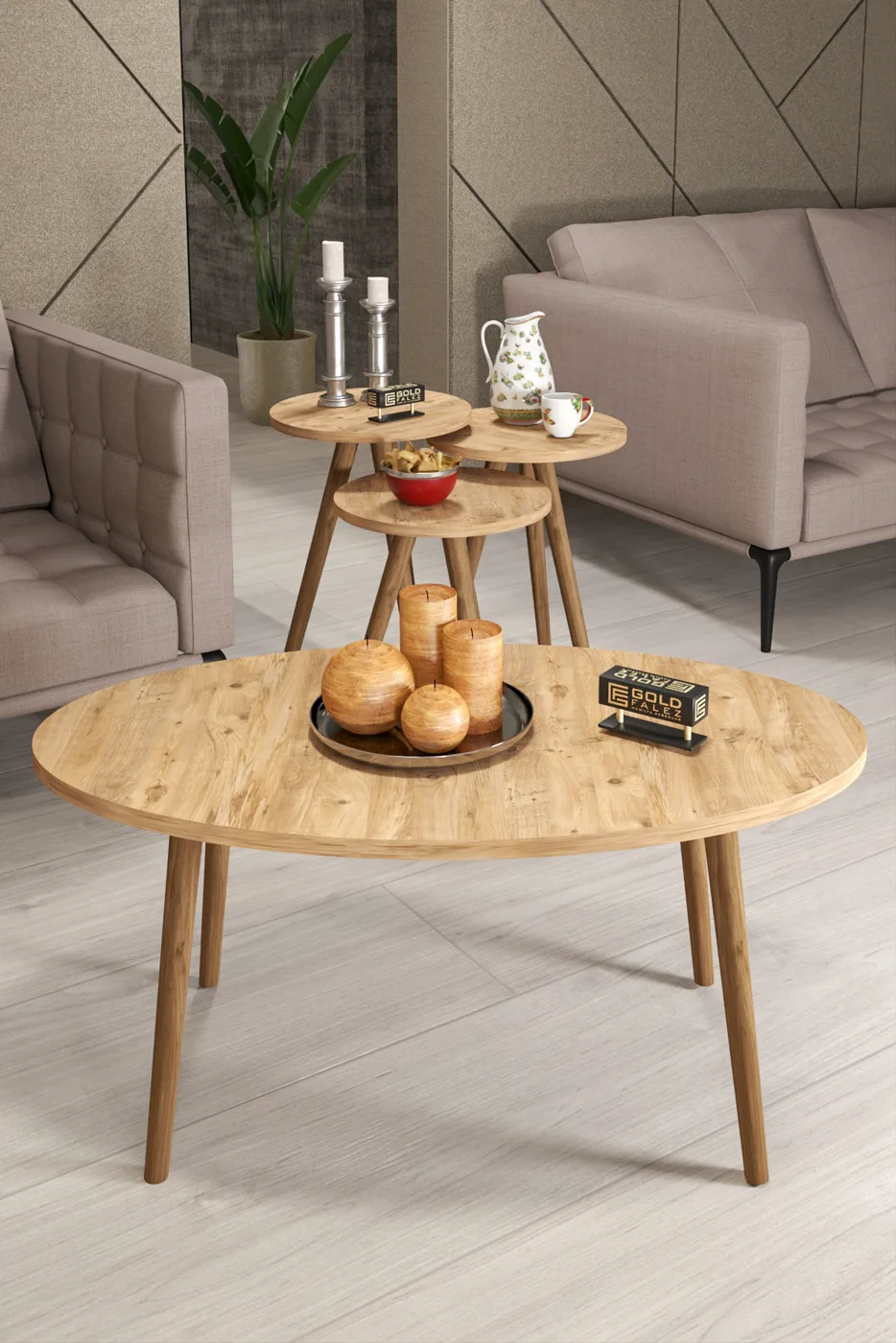 Turned Wooden Leg Oval Coffee & Nesting Table Set - Brown