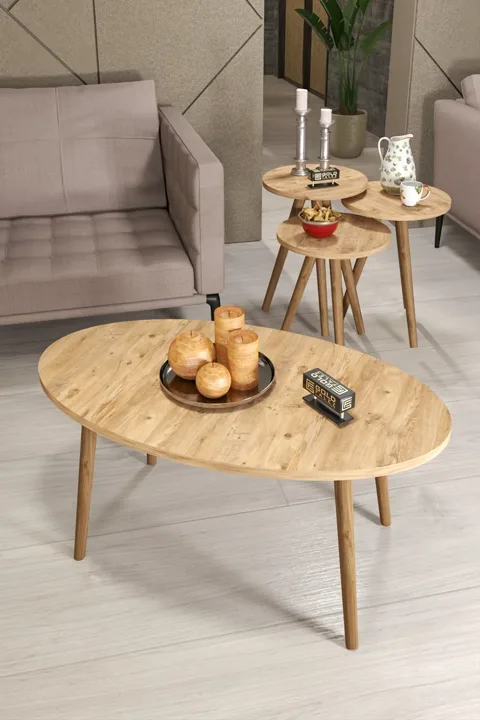 Turned Wooden Leg Oval Coffee & Nesting Table Set - Brown