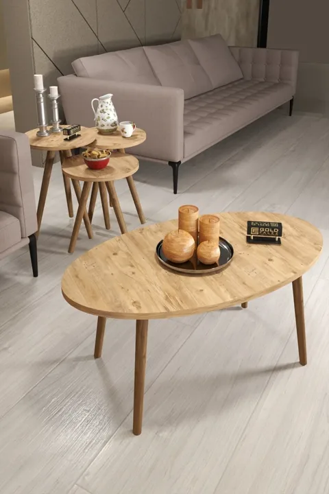 Turned Wooden Leg Oval Coffee & Nesting Table Set - Brown