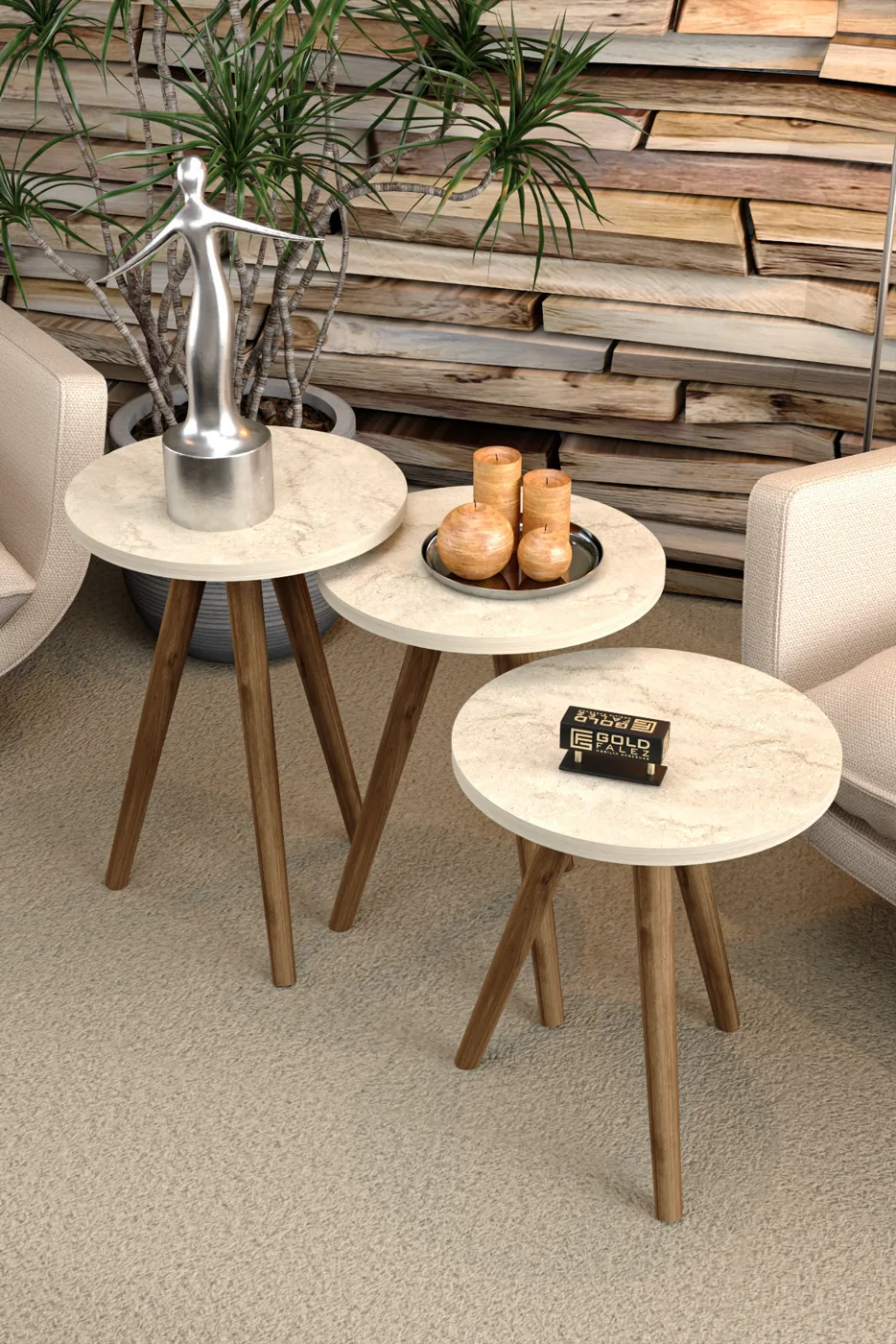 3-Piece Round Nesting Table Set Turned Wooden Legs - Ecru