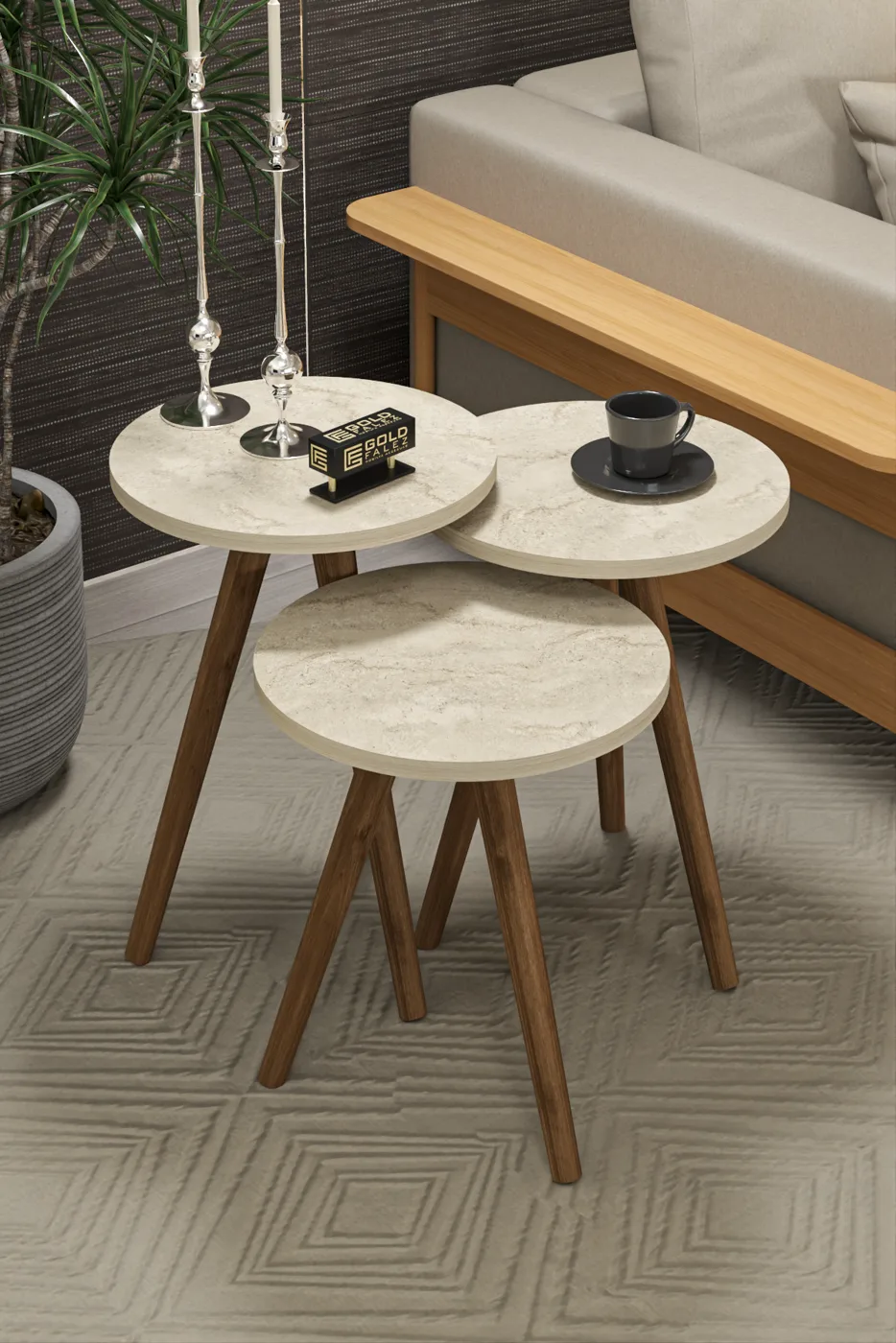 3-Piece Round Nesting Table Set Turned Wooden Legs - Ecru
