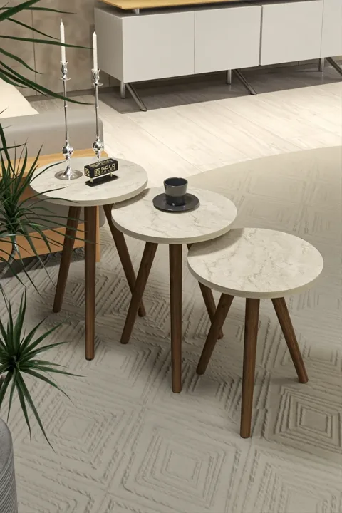 3-Piece Round Nesting Table Set Turned Wooden Legs - Ecru