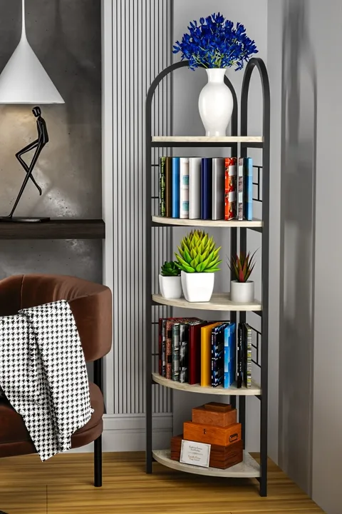 Bohemian Corner Bookcase & Planter Stand - Beige