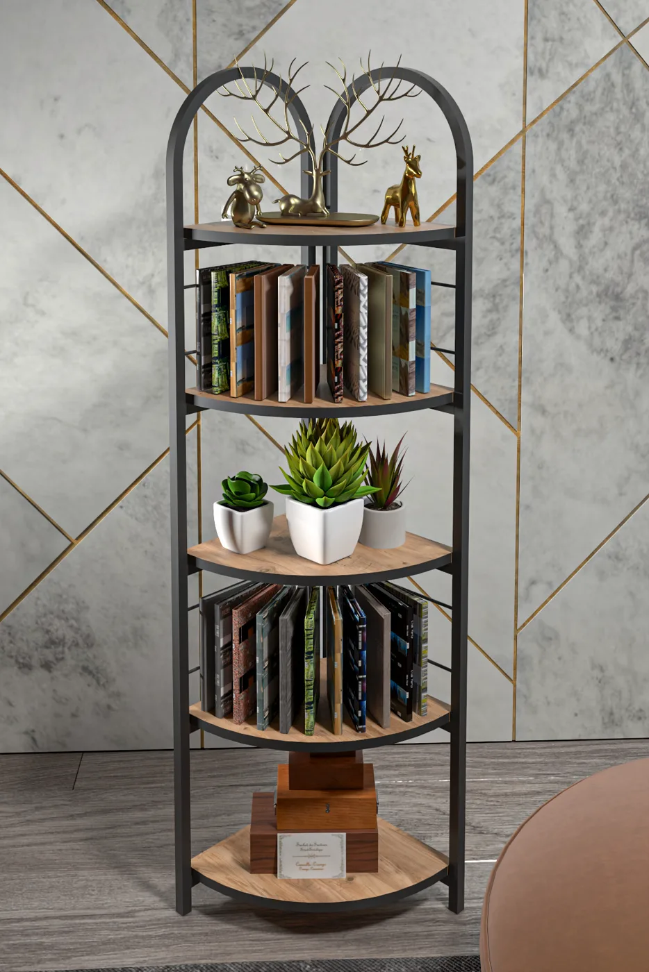 Bohemian Corner Bookcase & Planter Stand - Brown
