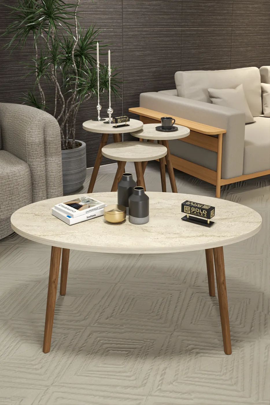 Turned Wooden Leg Oval Coffee & Nesting Table Set - Multicolour