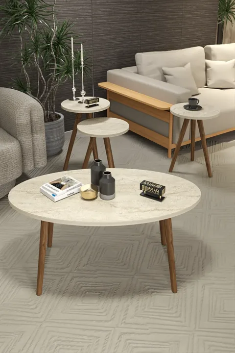 Turned Wooden Leg Oval Coffee & Nesting Table Set - Multicolour