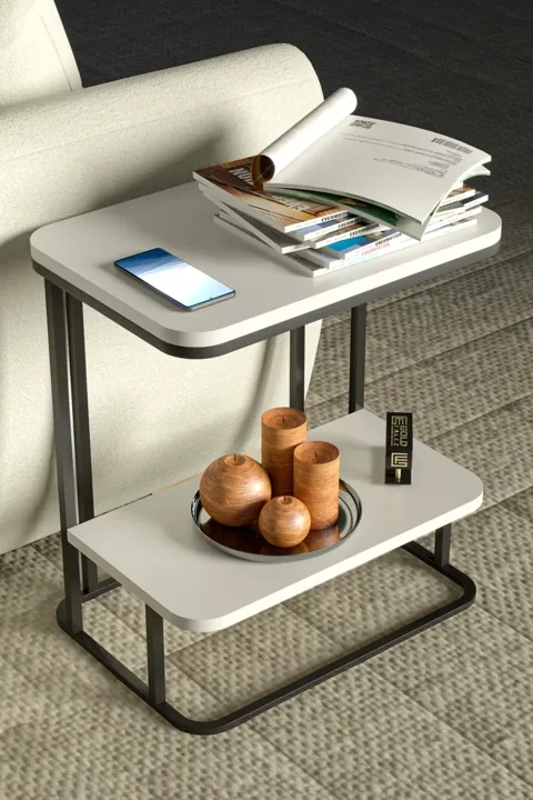 Double Metal Leg Rectangular Side Table - White
