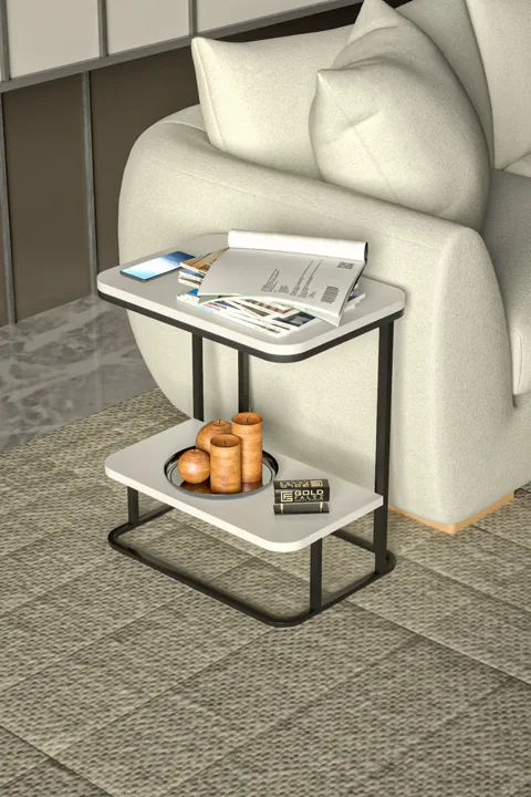Double Metal Leg Rectangular Side Table - White