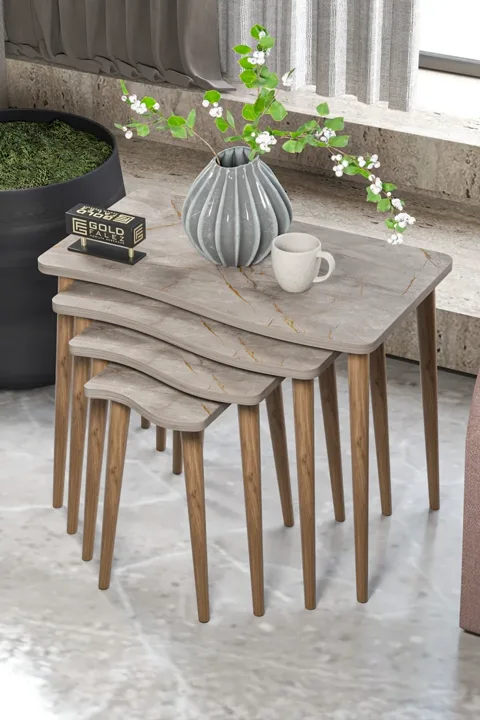 Turned Leg 4-Piece Square Nesting Table Set - Grey